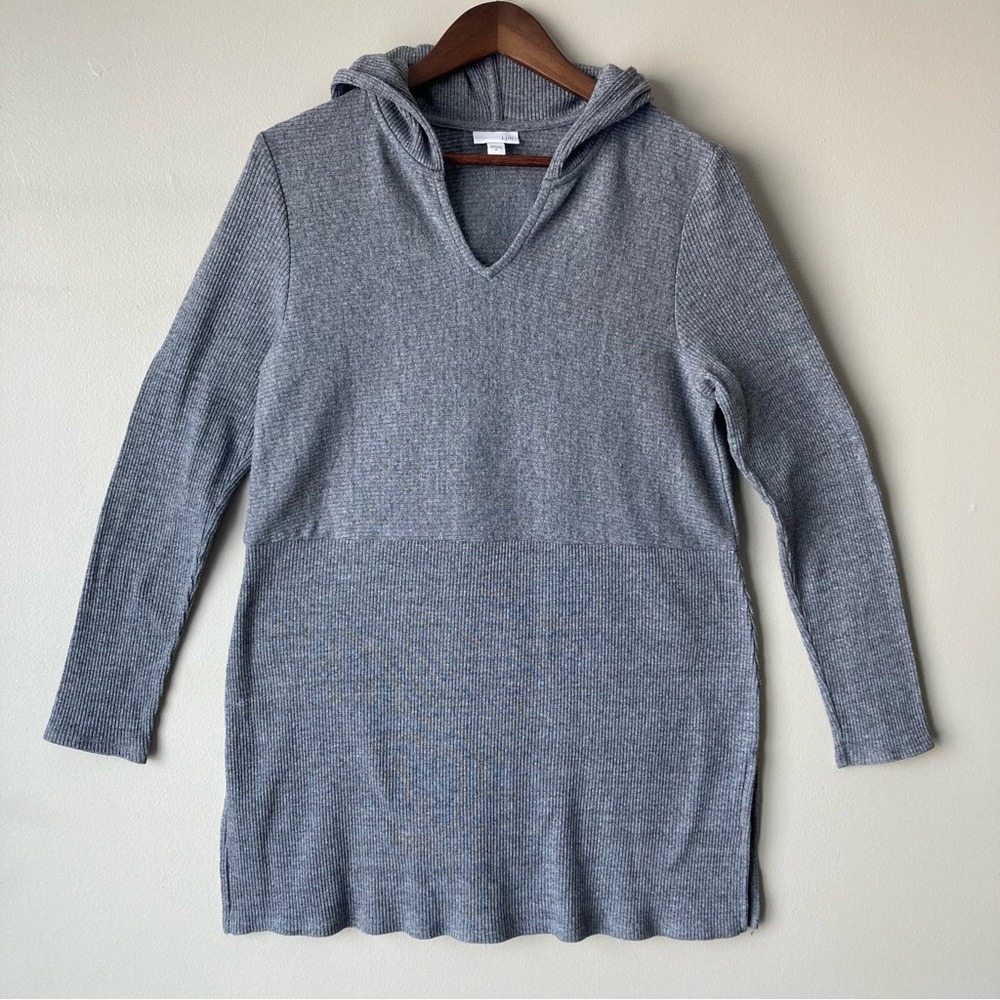 J. Jill Gray Ribbed Knit Hooded Tunic Sweater V-Neck Longline Pullover Medium